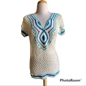 Shoreline 100% crocheted yarn blue and white top S/M
